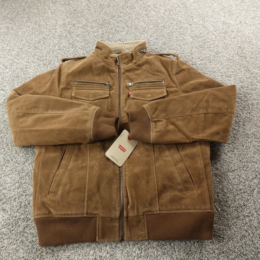 NEW Levis Jacket Mens M Brown Faux Suede Sherpa Lined Zip Aviator Bomber Coat